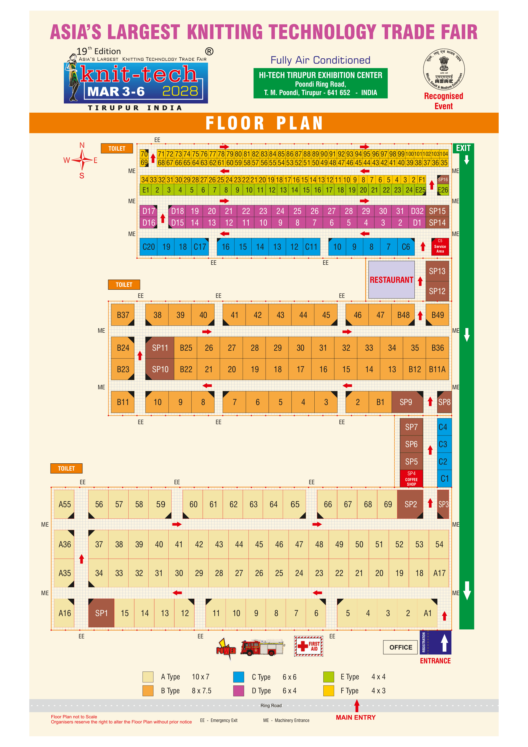Knit-Tech 2028 exhibition hall floor plan, showing stall numbering across zones A through F and special pavilions